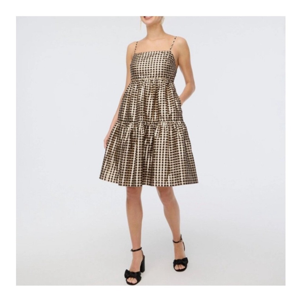 J.Crew Gold Metallic Gingham Tiered Mini Dress Black Holiday Party Size 4 NWT